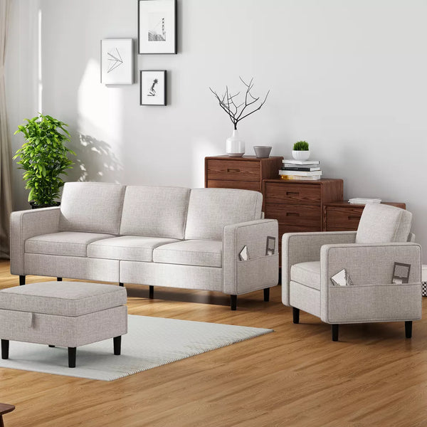 Mjkone Convertible Linen 3-Seater Sofa with Storage Ottoman&Single Sofa Chair with Side Pocket