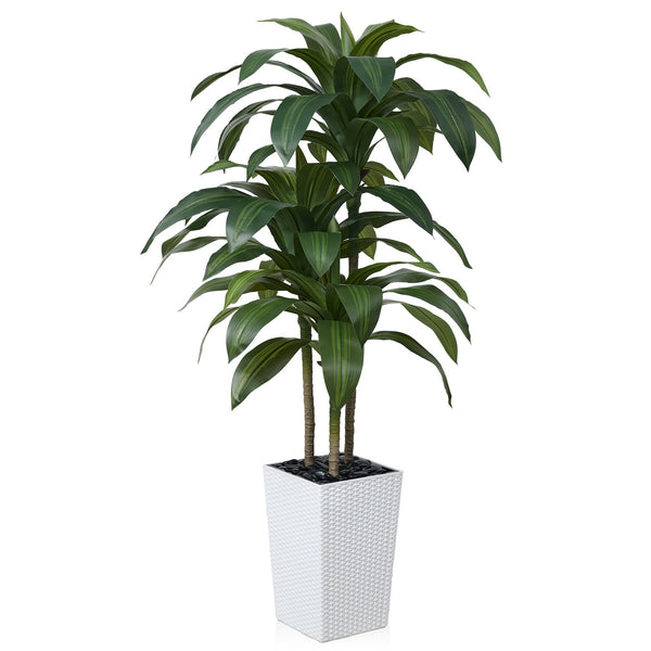 DR.Planzen Artificial Dracaena Tree 5ft - UV Protected Faux Dracaena Plant with 57 Green Leaves, Fake Tree for Indoor  Outdoor Use, Sturdy Tall White Planter with River Stones