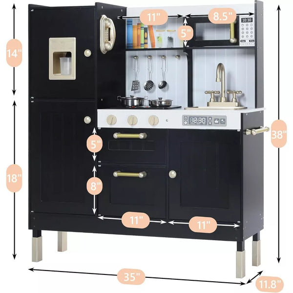 Kinder King Wooden Kids Play Kitchen, Toy Kitchen Playset for Toddler, Realistic Kitchen Sets w/Lights & Sounds, Gift for Boys Girls Age 3+, Black