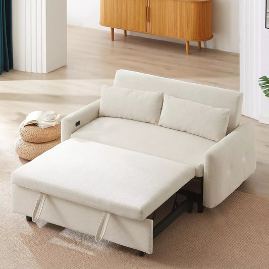 DOMETOUR Modern 57.5 Inch Pull-out Sofa Bed Convertible Sleeper for Living Room Bedroom, Futon Loveseat Couch with 2 Pillows and USB Ports
