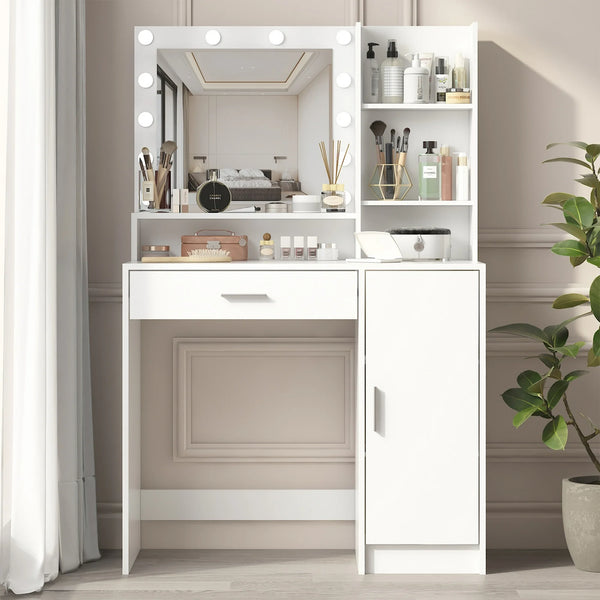 UHOMEPRO White Vanity with Mirror and Adjustable Color and Brightness Light, Vanity Desk with Oversized Drawer 3 Shelves and 3 Levels of Cabinets, Makeup Vanity Set for Bedroom, White