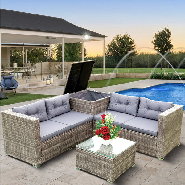 SEGMART 4 Piece Patio Furniture Set, All-Weather Outdoor Sectional Sofa Set, PE Rattan Conversation Set with Storage Box, Table & Cushions, Wicker Furniture Couch Set for Patio Deck Garden