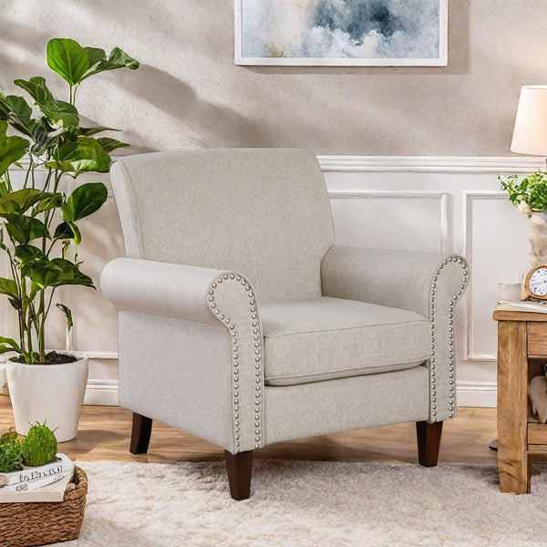 TrumanPick Linen Accent Chairs Upholstered Armchair with Nail-Head Trim Cozy Arm Chair for Living Room Bedroom,Beige