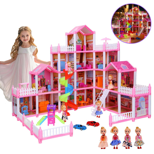JoyStone Dollhouse, 16 Rooms Playhouse with 4 Dolls Playset with Furniture&Light Strip& Rotating Slide, Gift Toy for Kids Ages 3-8