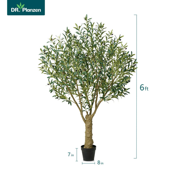 DR.Planzen Artificial Olive Tree, 6FT Tall Silk Faux Olive Tree with Massive Trunk Base, UV Resistant Black Plastic Potted Plant for Home Office Decor