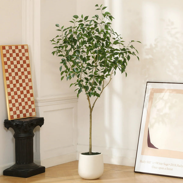 6ft Fake Ficus Tree with Oval White Planter, Pre Potted Faux Greenry Plant for Home Decor Office House Living Room Indoor Outdoor, Big Fake Plants Fake House Plants