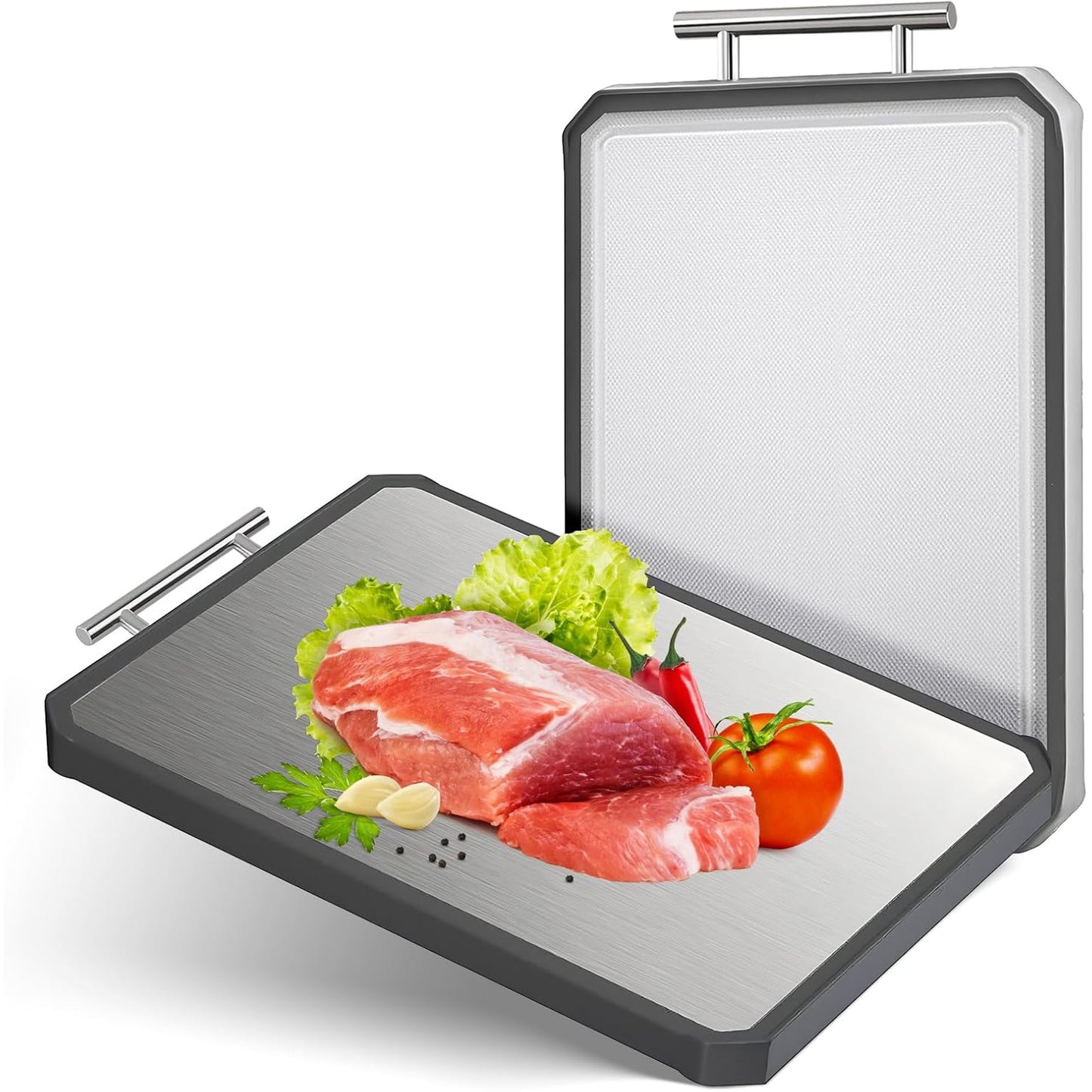 Stainless Steel Cutting Board,Double Sided Steel Cutting Board for kitchen,Stainless Steel/Wheat straw pp Large Cutting Board for meat,Dishwasher Safe,non toxic Chopping Board,16 * 11 Inch