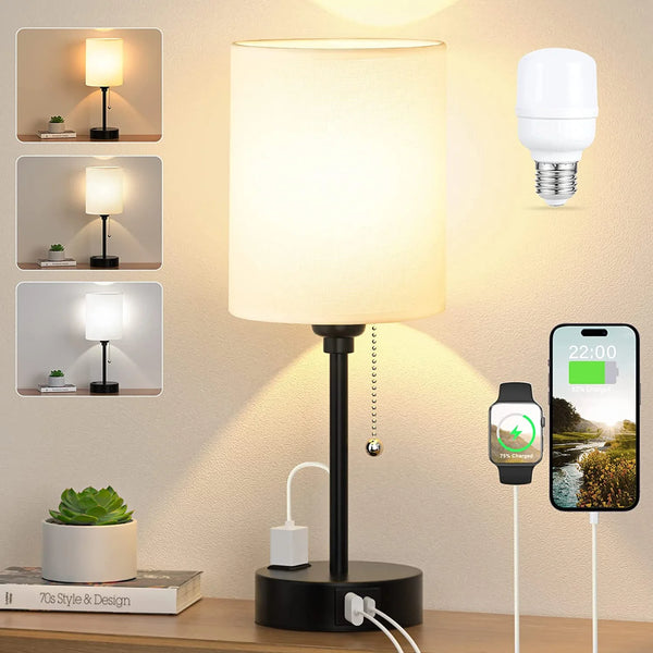 CAALOGT Table Lamp with USB Ports, AC Outlet, 3 Color Temperatures, 14.6 inch Bedroom Lamp