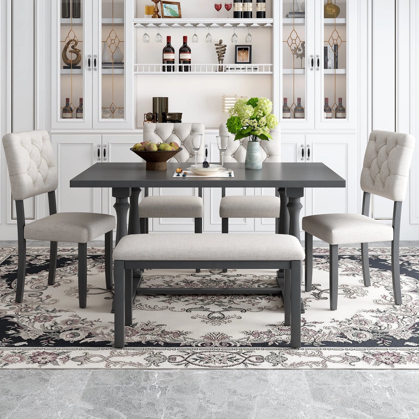 EUROCO 6-Piece Dining Table and Chair Set with Special-shaped Legs and Foam-covered Seat Backs&Cushions for Dining Room