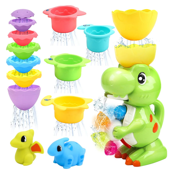 JoyStone 9 Pcs Dinosaur Bath Toy Set for Toddlers 1-3 Years, Spin Wheel & Watering Bottle