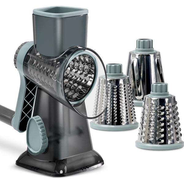 Rotary Cheese Grater with Handle, AOKIWO Vegetable Cheese Shredder Slicer Grater for Kitchen, 3 Changeable Blades for Cheese, Fruit,Vegetable, Nuts, Chocolate, Potato, Carrot - Gray Blue