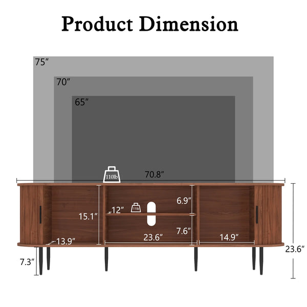 CBJCBJ 70" Modern Tambour Door TV Stand up to 80" TVs, Entertainment Center with Storage, Fluted Television Consoles for Living Room（Brown）