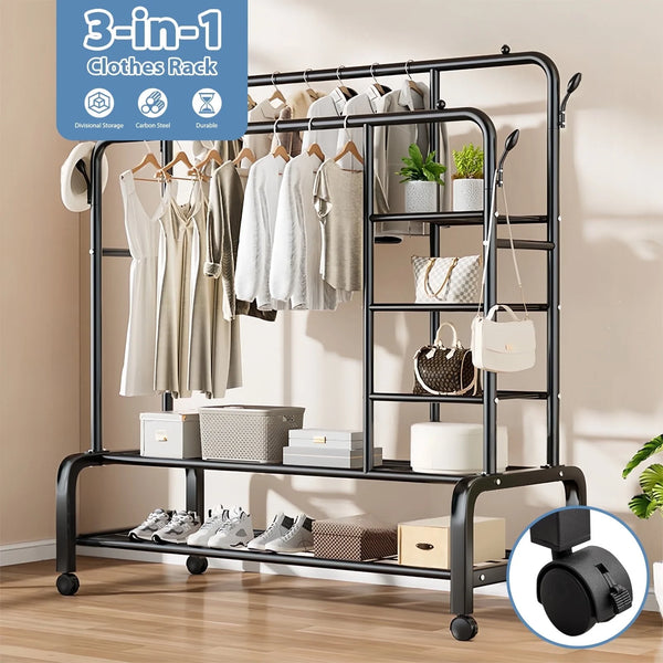 ALSO GO 3-In-1 Double Rod Clothes Rack with 4-Shelf, Metal Clothing Rack with Wheels & 4 Hooks, Portable Heavy Duty Garment Rack with Double Bottom Shelves, Freestanding Organizer for Bedroom, Black