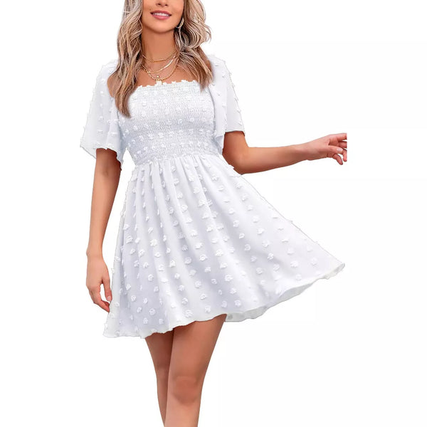 EXLURA Women's Summer Casual Square Neck Dresses Ruffle Short Sleeve Swiss Dot Flowy Mini Dress