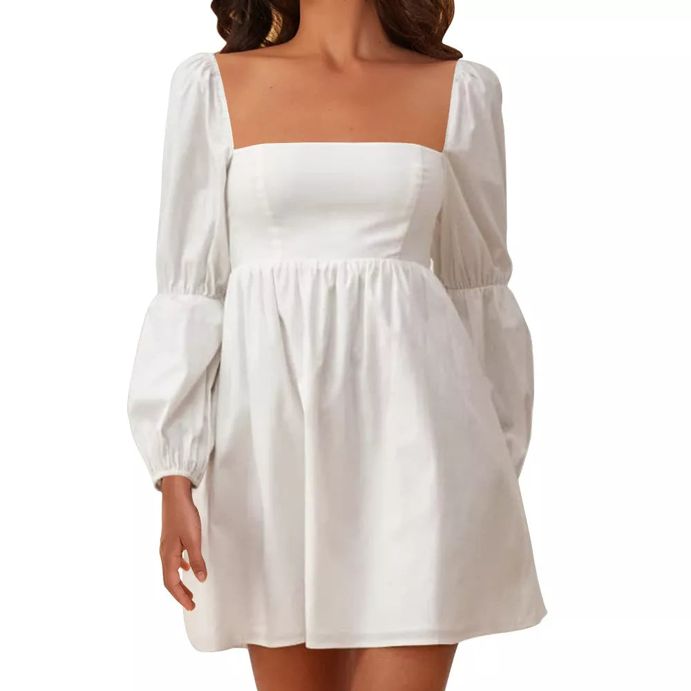 EXLURA Womens Square Neck Dress Long Puff Sleeve A-Line Casual Short Mini Dresses