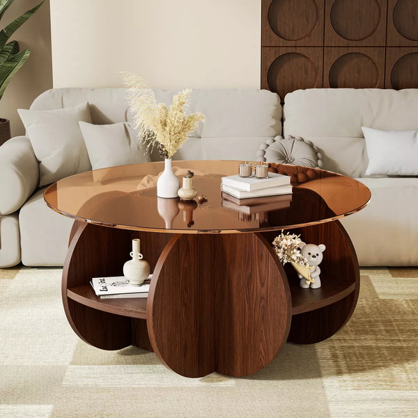 Dolonm 2-Tier Round Coffee table with Glass Top,31.5" Round Coffee Tables for Small Spaces,Wooden Frame with storage for Living Room