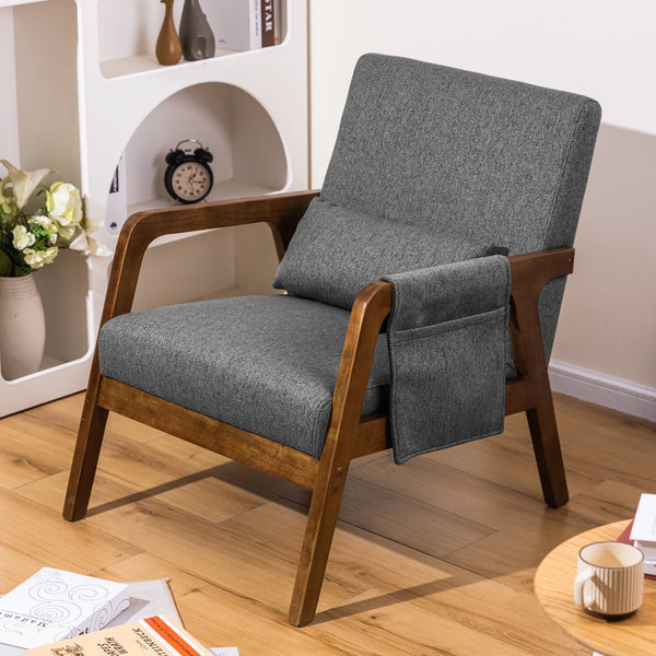spanspace Modern Accent Chair, Linen Fabric Arm Chair with Wood Frame and Pillow, Upholstered Armchair Comfort Reading Chair Lounge Chair for Living Room Bedroom, Grey