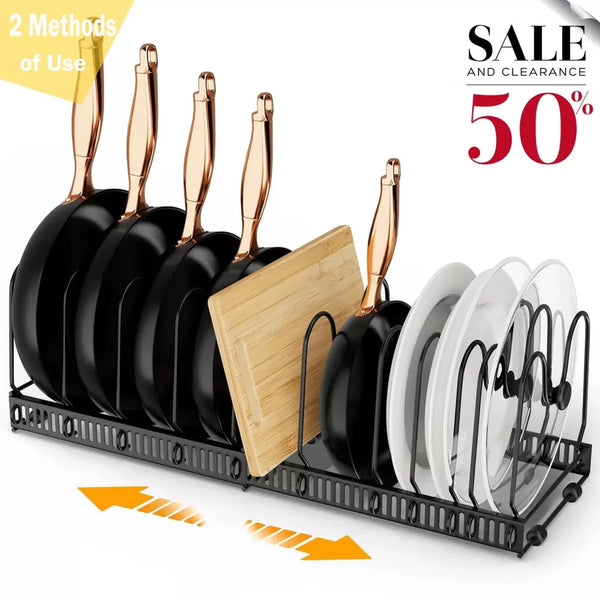 DOMETOUR Pots and Pans Organizer Expandable Rack for Cabinets, Kitchen Cabinet Organizer Holder with 10 Adjustable Compartment