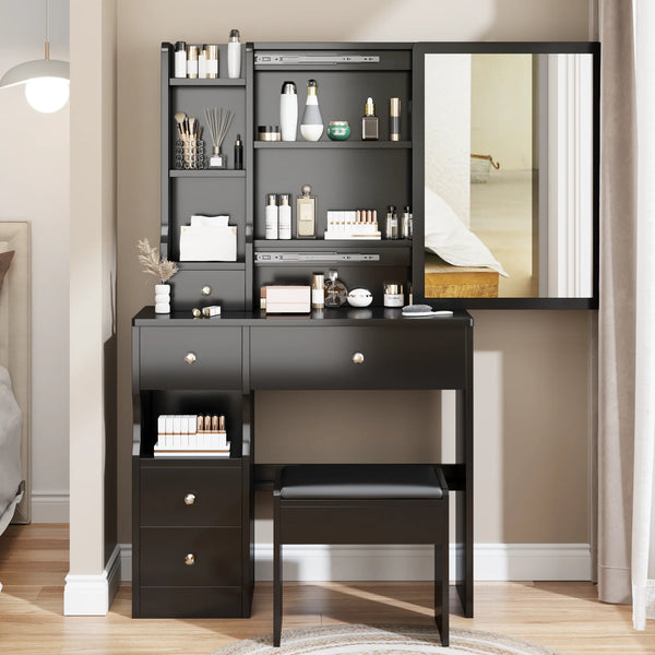 PORKISS Vanity Set with Sliding Mirror for Girls, Vanity Desk with Cushioned Stool and 4 Storage Drawers, Multi-Layer Shelves, Dressing Table for Small Bedroom, Black