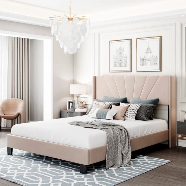 PORKISS Queen Upholstered Platform Bed, Wood Queen Bed Frame with Velvet Headboard, Modern Queen Size Bed for Adults Kids, Box Spring Needed, Beige