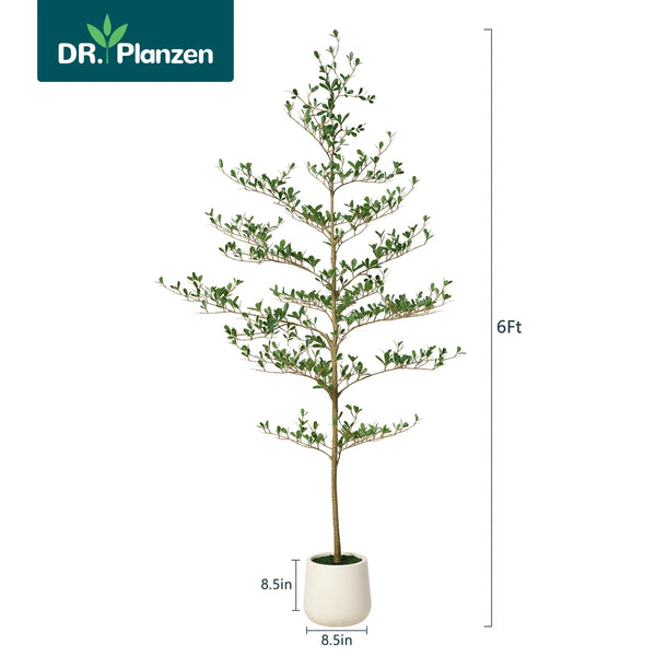DR.Planzen 6FT Artificial Black Olive Tree with UV-Resistant Silk Leaves  White Planter, Tall Artificial Plant Natural Wood Trunk for Home Office Indoor Outdoor Decor