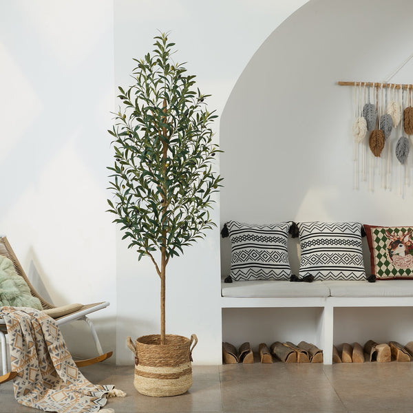DR.Planzen 6FT Artificial Olive Plants with Realistic Leaves and Natural Trunk, Silk Fake Olive Tree with Woven Seagrass Belly Basket, Faux Olive Tree for Office Home for Indoor Outdoor Decor