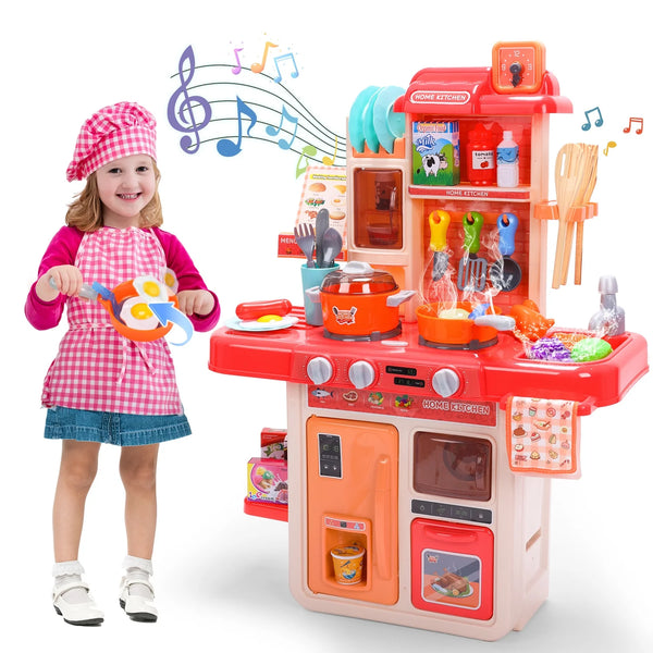 JoyStone 42PCS Kids Kitchen Playset,Play Kitchen Toy with Realistic Lights & Sounds,Pretend Steam,Play Sink & Oven,Color Changing Play Food & Other Kitchen Accessories Set for Toddlers,Red