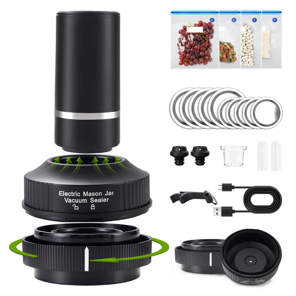 ELCTRTICI Vacuum Sealer, Mason Jar Vacuum Sealer Machine Kit, Upgraded Regular Mouth and Wide Mouth Mason Jar, Electric Vacuum Sealing Machine for Food Storage, Black.