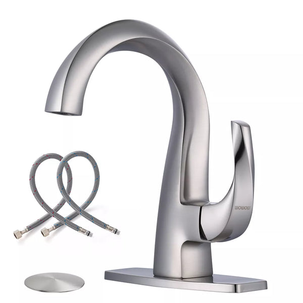 WOWOW Single Handle Gooseneck Bathroom Faucet with Deckplate Included