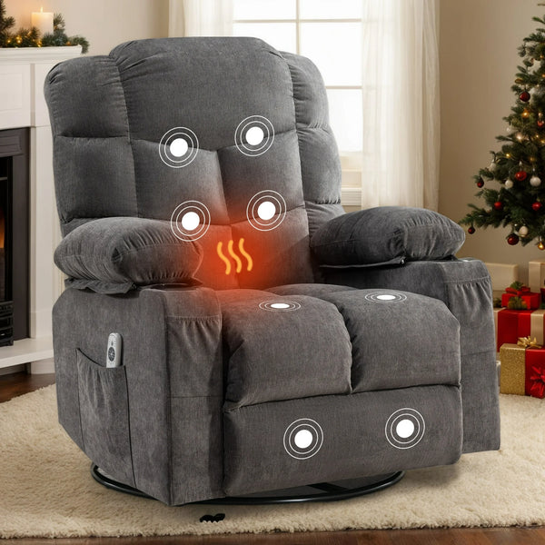 Swivel Recliner Chair with Massage and Heat, UHOMEPRO Manual Nursery Rocking Chair Single Sofa with USB, 2 Cup Holders, Living Room Lounge Chair with Side Pockets, Solid Wood Frame, Gray