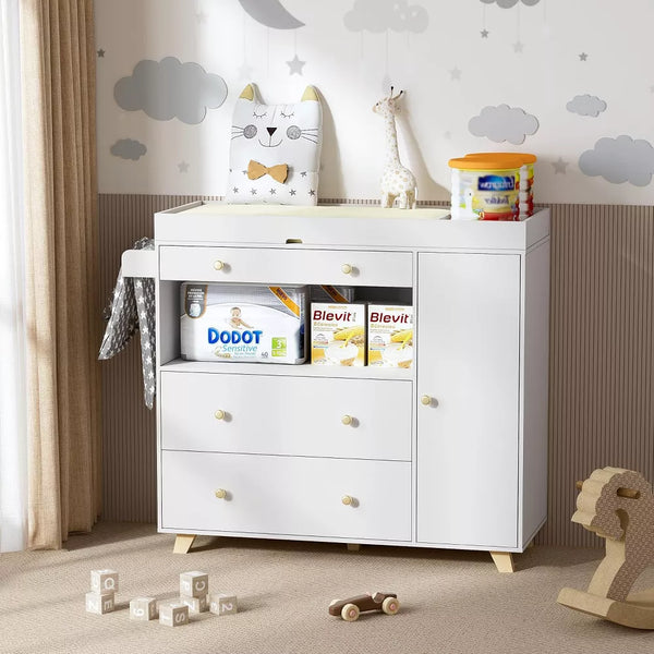 PAKASEPT Modern White Changing Table With 1 Cabinet and 3 Drawers