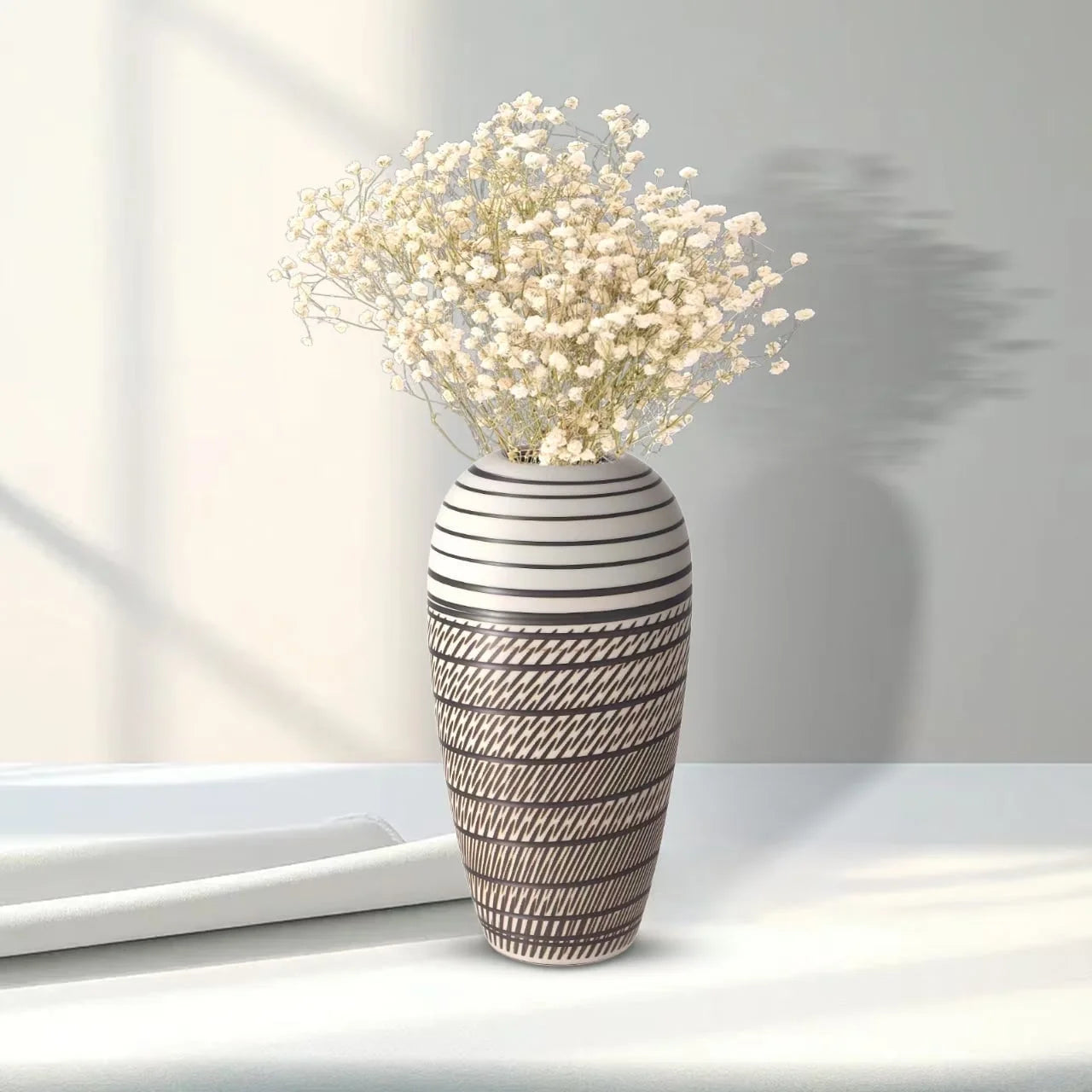 Rustic Large Ceramic Vase ,10.4 inch Modern White Artificial Flowers Vase For Home Decor,Tall Farmhouse Decorative Vases For Nightstand,MantelTable,Entryway,Living Room,Wedding Gift,Shelf Display