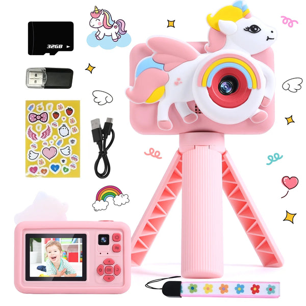JoyStone Upgrade Selfie Kids Camera with a Tripod, HD Kids Digital Video Cameras for Toddler with Cartoon Soft Silicone Cover, 32G SD Card