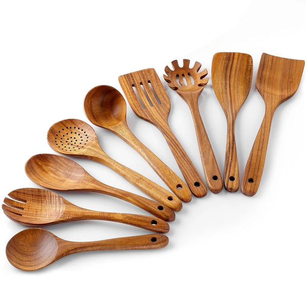 9-Piece Teak Wooden Utensils for Cooking - AOKIWO Smooth Finish Natural Teak Utensil Set - Non-Stick Wooden Spoons for Cooking - Kitchen Gift Set - Comfortable Grip Wooden Utensil Set