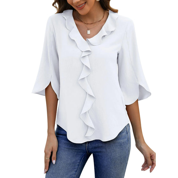 UVN Chiffon Blouses for Women Dressy Ruffle V Neck Tops Summer Casual Half Sleeve Shirts