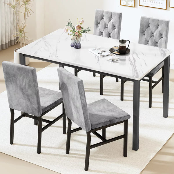 Hooseng 5-Piece Dininng Room Table Set with 4 Uphosltered Dining Chairs, Faux Marble Table Top and Metal Frame Space-Saving Dining Table Set for 4
