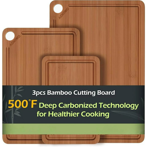 Bamboo Cutting Board, AOKIWO Durable Cooking Wood Cutting Boards for Kitchen with Deep Juice Grooves & Built-in Handles, Ideal Gifts Woden Boards for Meat, Vegetables and Fruits