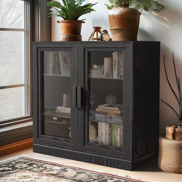 Dovelina Wooden 3 Shelf Bookcase Cabinet Decorative Bookshelf with Glass Doors and Adjustable Partitions