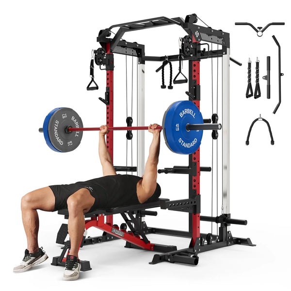 Mikolo Power Rack Cage, Weight Rack with Dual Pulley Cable Crossover Machine,Multi-Function Squat Rack with J Hooks,Dip Bars and Landmine for Home Gym (Red)