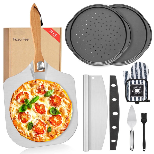 Foldable Pizza Peel and Pan Set, AOKIWO 7 Pcs Aluminum Pizza Paddle with Wooden Handle and Oven Pan Accessories