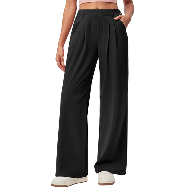 TEMOFON Womens Pants Casual Wide Leg Dress Pants Black Loose Lightweight Comfort Trousers Flowy Work Dress Pant L