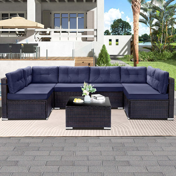 7 Piece Rattan Sectional Sofa Set, Outdoor Conversation Set, All-Weather Wicker Sectional Seating Group with Cushions & Coffee Table, Morden Furniture Couch Set for Patio Deck Garden Pool