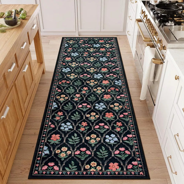 Lahome Pearl Velvet Washable Moroccan Floral Area Rug-Elegant Carpet for Living Room, Bedroom, or Office