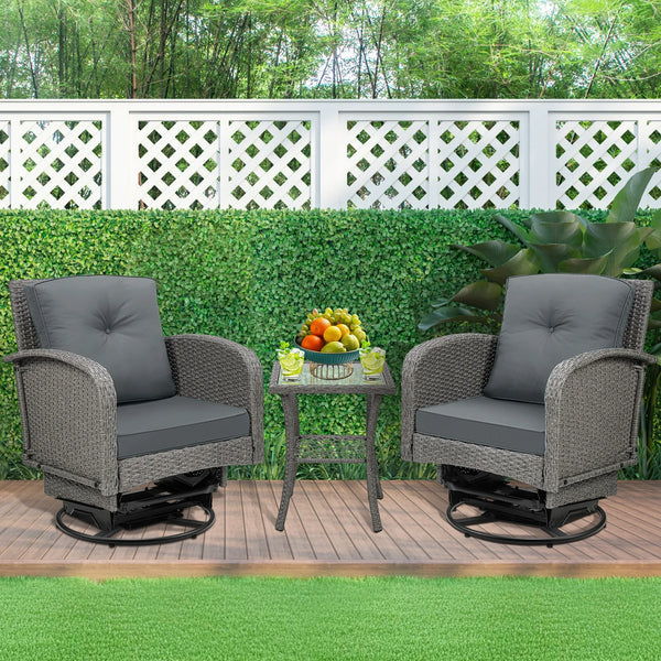 Patio Swivel Rocking Chairs Set, Segmart 3-Piece Outdoor 360° Rocking Patio Conversation Set with Thickened Cushions and Glass Coffee Table for Backyard, Max Weight 360 LBS, Gray