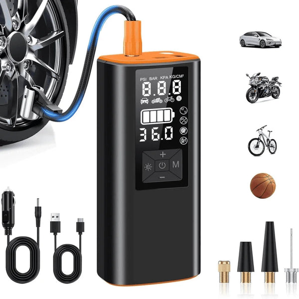 Portable Tire Inflator - 150 PSI Cordless Air Compressor with Pressure Gauge & LED Light, 3X Faster Inflation - for Car, Bike & Motorcycle Tires - Suitable for Roadside Emergencies & Travel