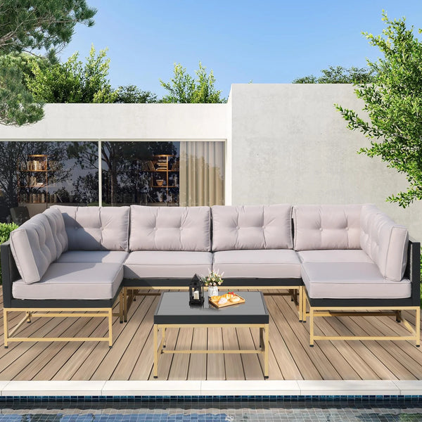 Patio Outdoor Furniture Sets, 7 Pieces All-Weather Rattan Sectional Sofa with Tea Table and Cushions, PE Rattan Wicker Sofa Couch Conversation Set for Garden Backyard Poolside