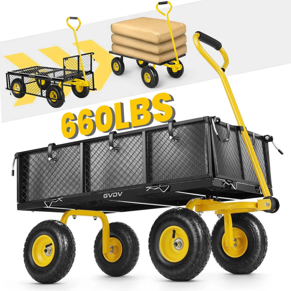 GVDV Heavy Duty Steel Garden Cart with Liner, 660lbs Capacity, 3 Cu ft, 10 All-Terrain Wheels, Black/Yellow – Durable Utility Cart for Yard Work, Hauling, and Outdoor Use