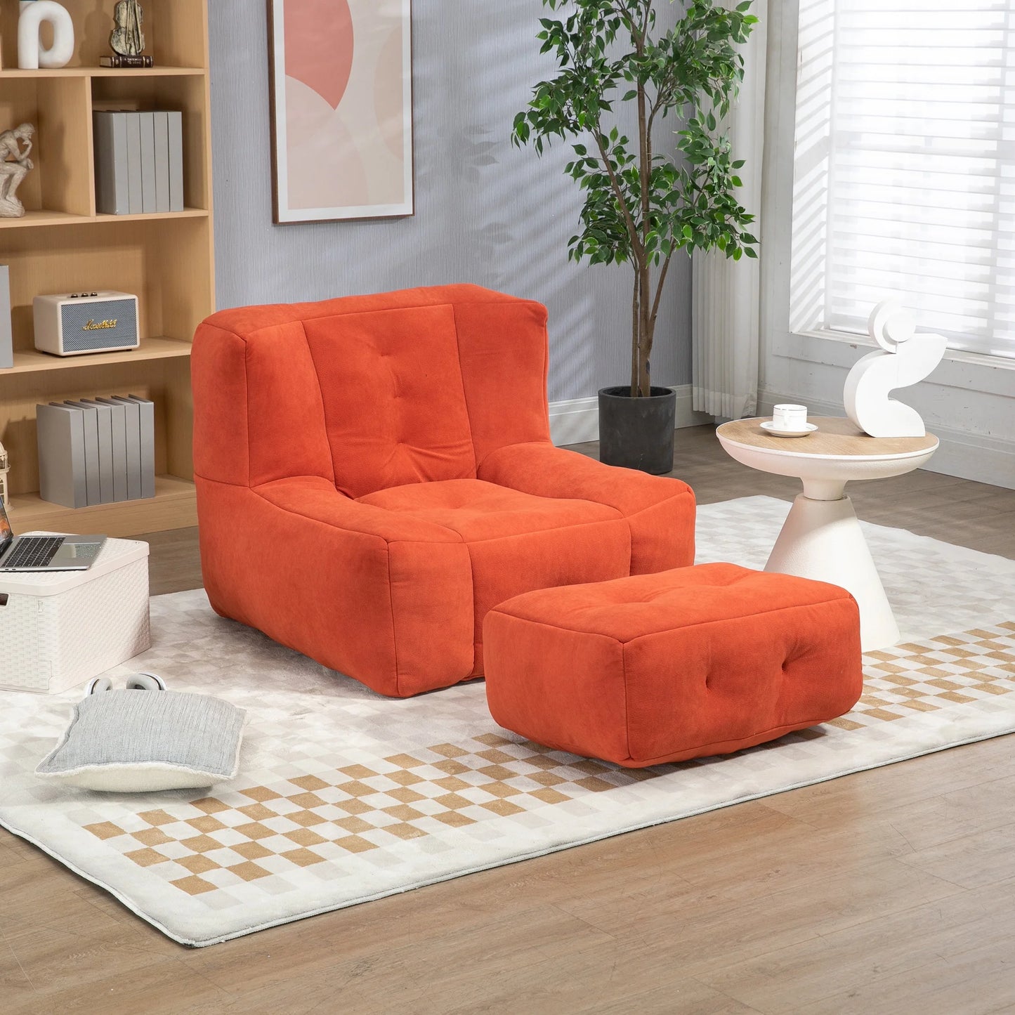 PORKISS Oversize Bean Bag Chairs with Ottoman, Memory Foam Soft Lazy Sofa for Adults and Kids, Velvet Red