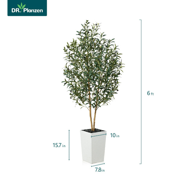 DR.Planzen 6FT Tall Artificial Olive Tree with Tall White Planter, UV Resistant Silk Leaves  Real Wood Trunk | Home Office House Outdoor Decor