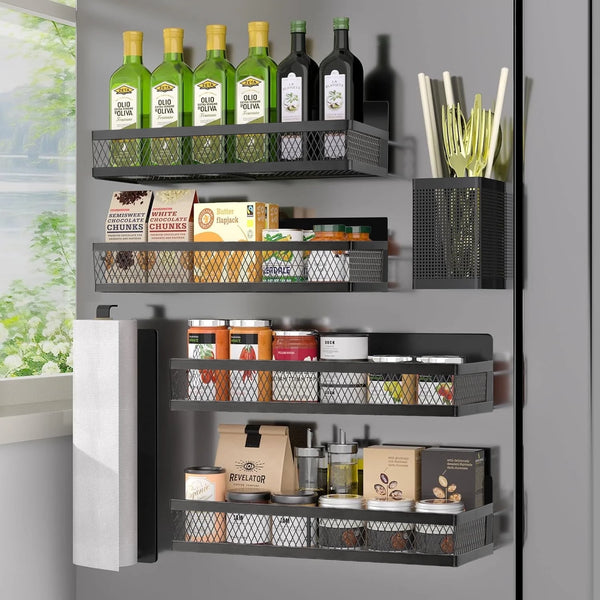 Magnetic Spice Rack Organizer, AOKIWO 6 Pack Moveable Fridge Spice Shelves for Refrigerator, Strong Magnetic Metal Refrigerator Shelf Organizer with Paper Towel Holder, Utensils Holder, Black